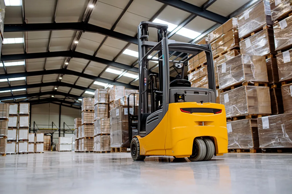 A forklift standing in a warehouse aisle between tall racks of palletised stock