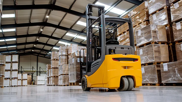 A forklift standing in a warehouse aisle between tall racks of palletised stock